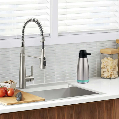 Stainless Steel Liquid Soap Dispenser 15 Fl Oz For Dish And Hand Soap No Fuss Pump Top Lifts Off For Easy Refill next to kitchen sink