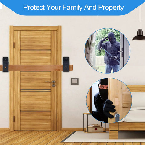 Top Shelf Heavy Duty Door Barricade Brackets For Total Security securing a wooden door with a U-shaped design.