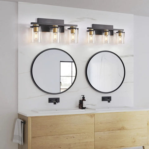 3-Light Black And Gold Bathroom Vanity Lights With Glass Cylinder Sconces for Wall Mounted Bathroom Lighting over mirrors