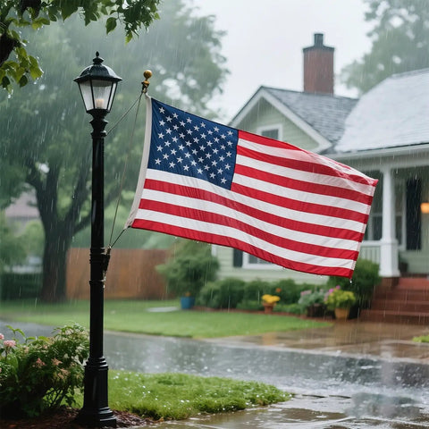 Heavy Duty 5x8 American Flag For Outdoor Use Built To Last Embroidered USA Stars And Stripes on house during rainstorm