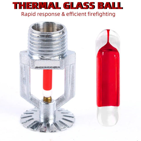 Close-up of thermal glass ball and chrome threaded fitting for Six Pack Copper Chrome Pendent Fire Sprinklers With Half Npt Threading And Fast Response Glass Bulbs For Top Tier Home Shop Suppression Kit That Goes Hard On Code Compliance For Hella Peace Of Mind During Emergencies At 155 Degree Limit.