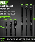6 Piece Beefy Heavy Duty Impact Socket Adapter Set For Drill And Impact Wrench With 3 Inch And 6 Inch Hex Shank Extensions One Quarter Inch Three Eighths Inch One Half Inch Drive Adapters Holder Included, visible with size details