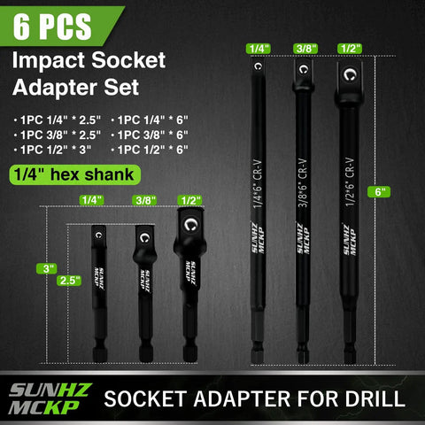 6 Piece Beefy Heavy Duty Impact Socket Adapter Set For Drill And Impact Wrench With 3 Inch And 6 Inch Hex Shank Extensions One Quarter Inch Three Eighths Inch One Half Inch Drive Adapters Holder Included, visible with size details