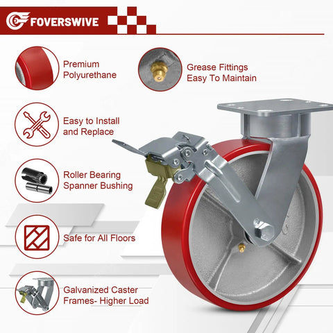 Heavy Duty Eight Inch Kingpinless Casters With Durable Polyurethane Wheels And Precision Rollers, featuring red polyurethane wheel and metal frame.
