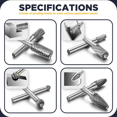 Four tools from the Double Cut Carbide Burr Set Eight Pieces Heavy Duty Tungsten Carbide Rotary Burrs One Quarter Inch Shank Die Grinder Bits