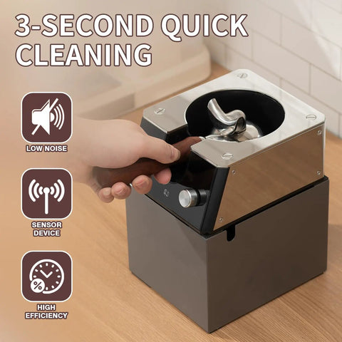 Absolute Knockout Electric Portafilter Cleaner And Automatic Espresso Puck Remover, sleek design with sensor device for 58mm setups.