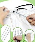 Drawstring Threader Tool Set For Hoodies Jackets And Pants A 16 Piece Kit With Metal Threaders shown threading pants