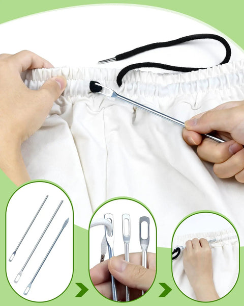 Drawstring Threader Tool Set For Hoodies Jackets And Pants A 16 Piece Kit With Metal Threaders shown threading pants
