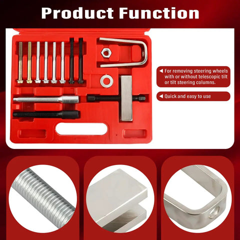 Steering Wheel Puller And Lock Plate Removal Tool Kit With Compressor Remover Set for Cars and Trucks, red case with steel tools