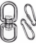 Badass Heavy Duty 304 Stainless Steel Double Ended Swivel Eye Hook With Rust Proof Snap Hooks For Tree Swing And Spinner Hanger Smooth 360 Spin No Rope Headaches For Backyard Vibes And Weekend Builds close-up of swivel eye hook and carabiners