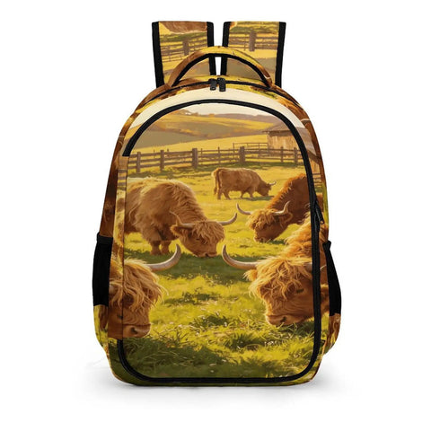 Sunset Farm Highland Cow Printed Unisex Backpack Large Capacity Dope Durable Polyester Fabric for School or Travel