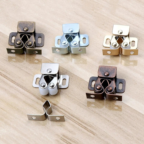 Five Pack Twin Roller Cabinet Door Catches With Screws For Home Furniture, various finishes on light wood surface