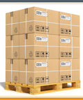 Boxes stacked on a wood pallet, secured with Heavy Duty White Polypropylene Strapping Roll 9900 Ft 1/2 Inch 440 Lb Tensile Strength.