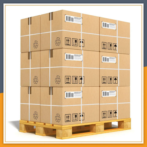 Boxes stacked on a wood pallet, secured with Heavy Duty White Polypropylene Strapping Roll 9900 Ft 1/2 Inch 440 Lb Tensile Strength.