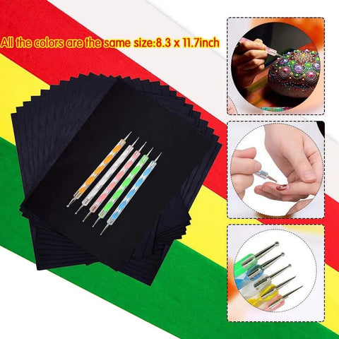 Must Have All In One Carbon Transfer Paper Kit Packed With 100 Sheets in multiple colors and embossing styluses shown on fabric