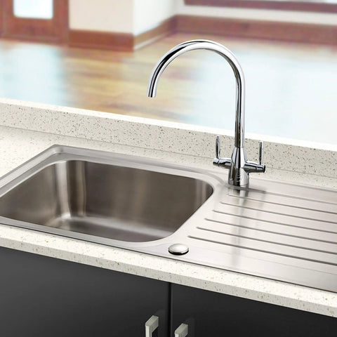 Brushed Stainless Steel Faucet Hole Cover for Kitchen Sink installed, shows rustproof premium faucet hole cap on countertop sink