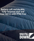 Cosmic 20 Down Mummy Sleeping Bag with 550 fill power down, recycled fabrics, PFAS-free DWR, close-up of soft shell design