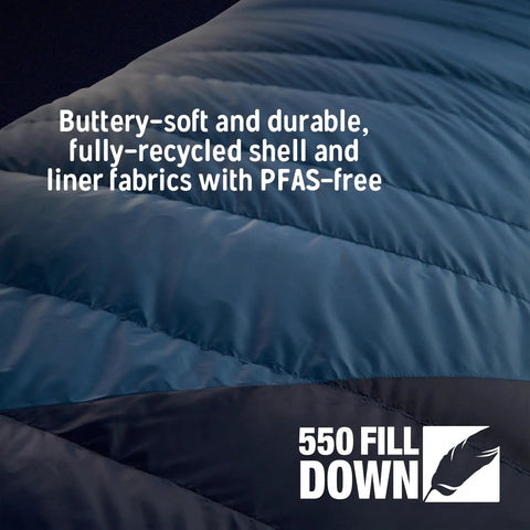 Cosmic 20 Down Mummy Sleeping Bag with 550 fill power down, recycled fabrics, PFAS-free DWR, close-up of soft shell design