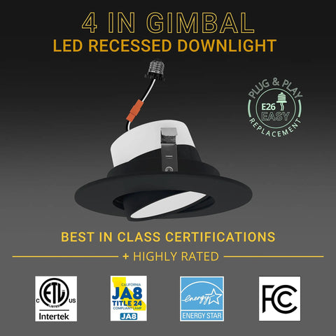 4 Inch Gimbal LED Recessed Can Lights in Black Finish 5 CCT Tunable White 2700K to 5000K 750 Lumens 10W Dimmable 90 CRI Eyeball