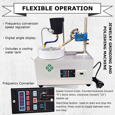 Professional Grade Lapidary Faceting Machine For Jade Crystal And Agate Stone Work Featuring Slick Adjustable RPM Copper Motor Straight Up Precise Diamond Wheel Polishing System, showcasing digital angle display and cooling water tank.