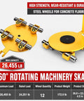 Heavy Duty Machinery Skates For 12 Ton Loads Built Tough With Rugged Steel Casters And Dual Ball Bearings For Smooth Equipment Transport No Sweat Handling In Any Warehouse Or Job Site, featuring 12 steel wheels and 360-degree rotation.