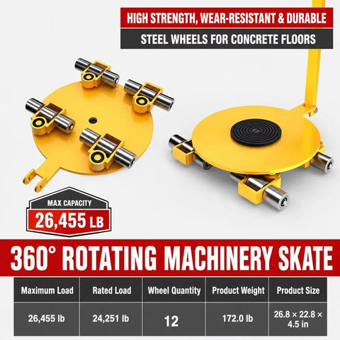 Heavy Duty Machinery Skates For 12 Ton Loads Built Tough With Rugged Steel Casters And Dual Ball Bearings For Smooth Equipment Transport No Sweat Handling In Any Warehouse Or Job Site, featuring 12 steel wheels and 360-degree rotation.