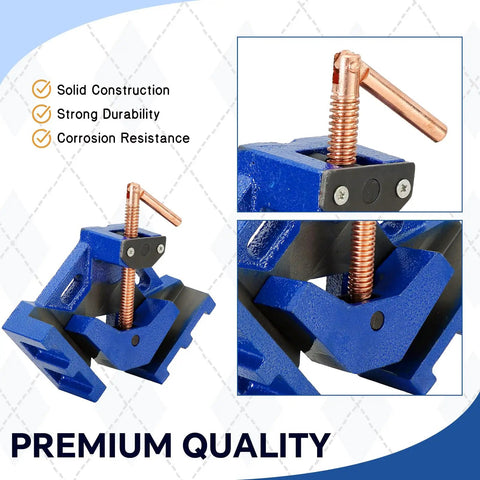 Pro Grade Right Angle Welding Clamp With One Handle 90 Degree Precision, Heavy Duty Cast Iron Two Axis Weld Clamp in blue with details