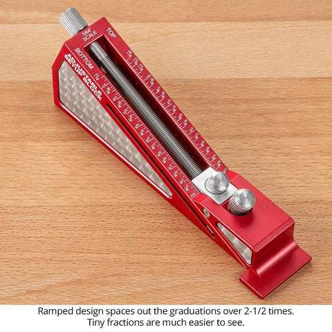 Knockout Adjustable Setup Block For The Weekend Warrior Dial In Router Bits And Saw Blades With Dead On Accuracy And Quick Grip Ergonomic Handles on a wood surface.