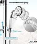 Polished Chrome 8 Inch Rainfall Shower Head Set With Wall Mount Faucet And Handheld Spray showing 360-degree rotation and spray
