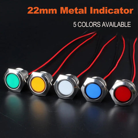 Two Pack 22mm Metal Indicator Light Seven Eighths Inch Mounting Hole 110-220 VAC IP67 Waterproof Flat Head LED Pilot Lamp With 20cm Wire Blue For Car Boat Truck Durable Brass Nickel Plated Case, blue LED