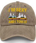Funny Vintage Camping Hat For Men I Tow It Cap with text and truck design, adjustable strap, khaki color for outdoor travel.