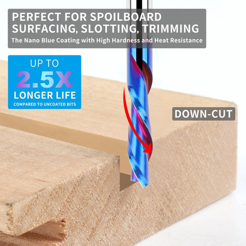 Close-up of EANOSIC downcut spiral router bit, 1/4 in shank & cutting dia, solid carbide with nano blue coating on wood.