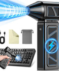 Electric Compressed Air Duster With Brushless Motor 360000 RPM Turbo Cordless Blower next to keyboard and accessories