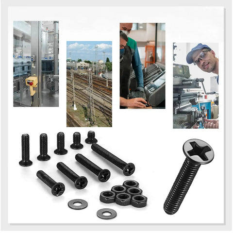 Beefy Heavy Duty M3 Screws And Nuts Kit 1110 Pcs Set With Black Phillips Flat Head Countersunk Bolts Washers And Nuts Carbon Steel Nickel Plated Rust Resistant Fasteners displayed with machinery and railway images