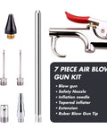 Air Blow Gun Accessory Kit With 5 Interchangeable Nozzles And 7-Piece Air Compressor Tools Set For Cleaning Dust From Garages And Work Benches Includes Soft Rubber Tip Metal Tip Inflation Needle And 4.7 Inch Tubes, displaying all components.