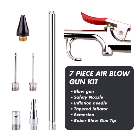Air Blow Gun Accessory Kit With 5 Interchangeable Nozzles And 7-Piece Air Compressor Tools Set For Cleaning Dust From Garages And Work Benches Includes Soft Rubber Tip Metal Tip Inflation Needle And 4.7 Inch Tubes, displaying all components.