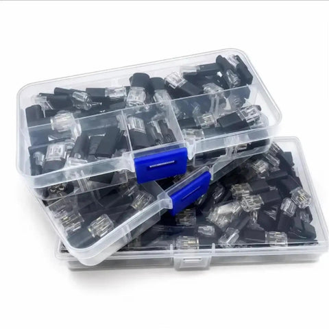 Beefy Heavy Duty No Strip Wire Splice Connectors 2 Pin Quick Snap Ground Terminals in storage case, 50 pack for auto repair.