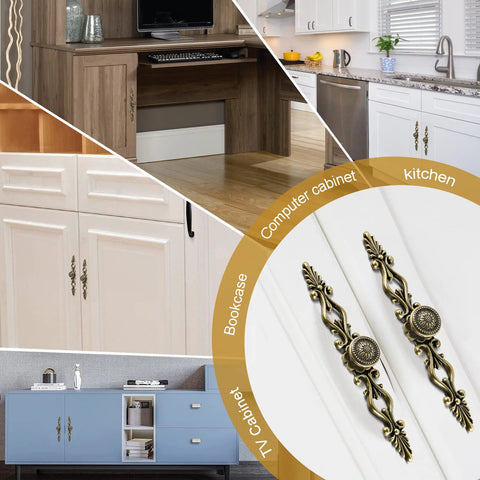 Antique Bronze Cabinet Knobs And Pulls With Plate 5 Inch Hole Centers on various furniture including kitchen and bookcase
