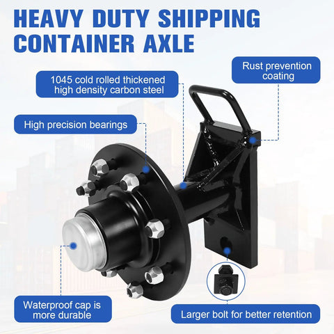 Heavy Duty Shipping Container Wheels With 8X6.5 Lug Pattern And High Strength Steel Axles Designed For 8000 Lb Loads showing axle with bearings and waterproof cap.