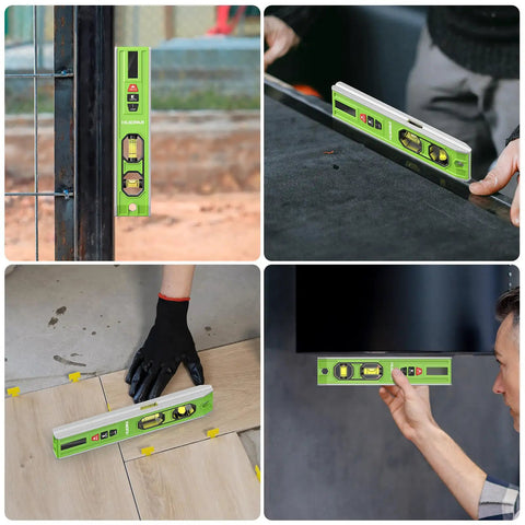3 In 1 Laser Level And Distance Meter With Magnetic Torpedo in use on various surfaces, showing 9 Inch Spirit Level and LED Display.