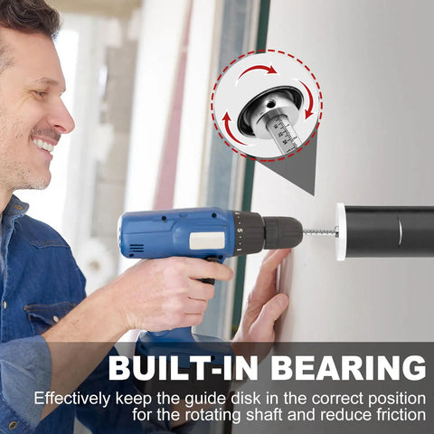 Person using PVC Pipe Cutter Kit With Seven Inch Depth Guide And Adjustable Cutting Tool For Flush Inside Cuts on a wall.