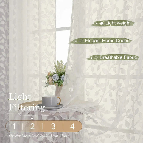Ivory Sheer Curtains Two Panel Set For Bedroom Or Living Room, Light Filtering Soft Tufted Texture, Leaf Pattern, 42x84 inches.