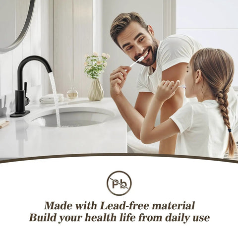 Single Hole Matte Black High Arc Stainless Steel Faucet For Kitchen Sink Bar Sink And Bathroom Sink With 4 Inch Deck Plate And Supply Hoses No Fuss Install 360 Degree Swivel Durable Finish next to father and daughter brushing teeth