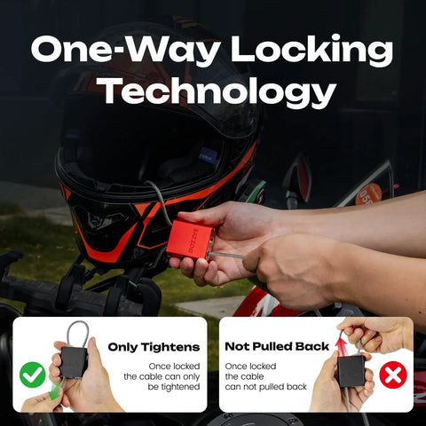 Illustration of one-way locking technology on adjustable steel cable padlock with red lock for bikes and outdoor gear