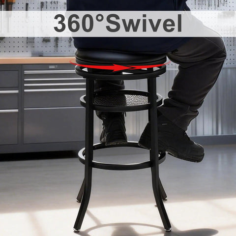 Swivel Industrial Shop Stool With Mesh Storage And Footrest 360 Degree Swivel in garage setting, black metal frame