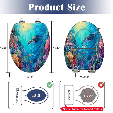 Elongated Toilet Seat Slow Close Home Bathroom with colorful underwater design, measuring 18.5 inches, suitable for elongated toilets.
