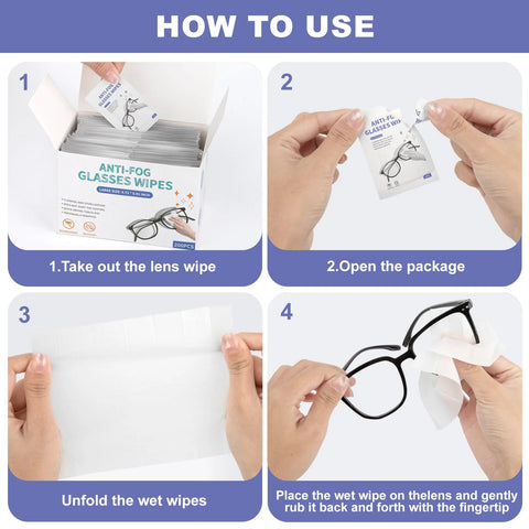 Anti-fog glasses wipes box, 200-count, large 4.72 x 5.91 inch sheets, individually wrapped; Amazon Drugstore.