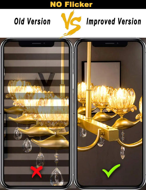 Dimmable BA15D LED Bulbs 6W 120V comparison showing old flickering version and improved no-flicker in ceiling lights.