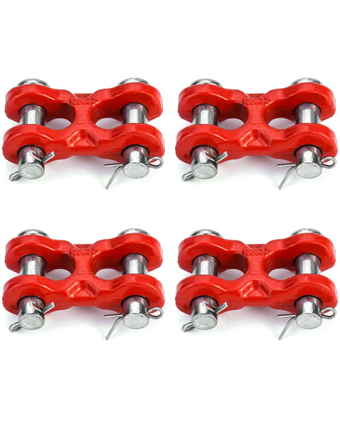 Heavy Duty 3/8 Inch Twin Clevis Safety Chain Repair Links 4 Pack Trailer Tie Down Hardware, red forged steel connectors.