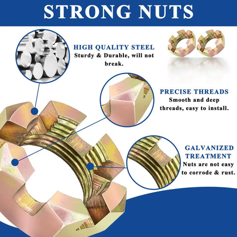 Close-up detailed view of Two Sets Of 10 Pcs 1 Inch Spindle Castle Nuts Kit With Washers for trailer axle, highlighting quality steel.